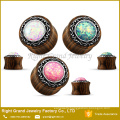 Pink Sythetic Fire Opal Brass Inlay Organic Wooden Ear Plugs Jewelry